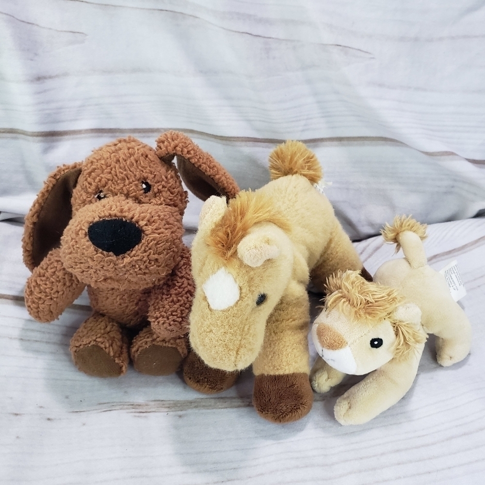 Baby Plush Stuffed Animal Bundle Brown Dog Squeaker Tan Horse Lion Set Of 3